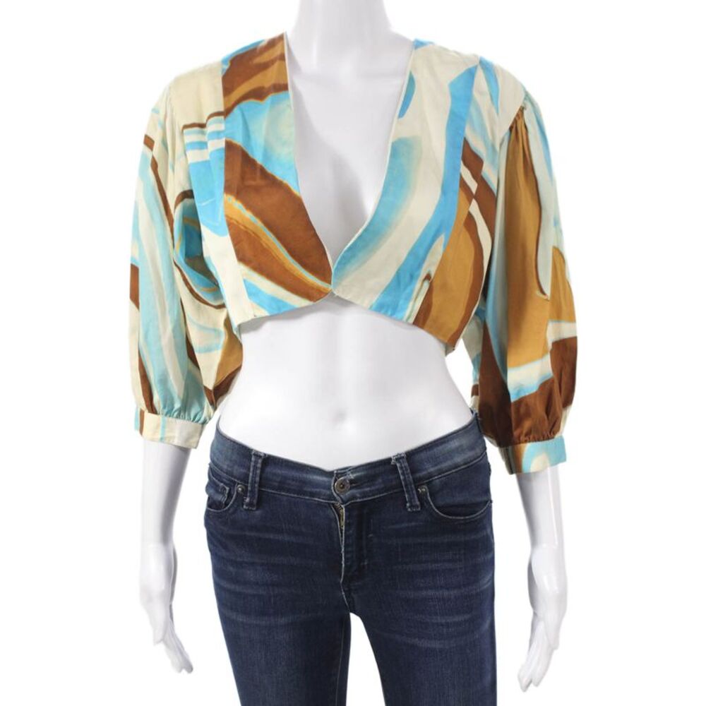 Hosbjerg Women Cropped Geometric V-Neck Blouse 3/4 Sleeve Multicolor Size S